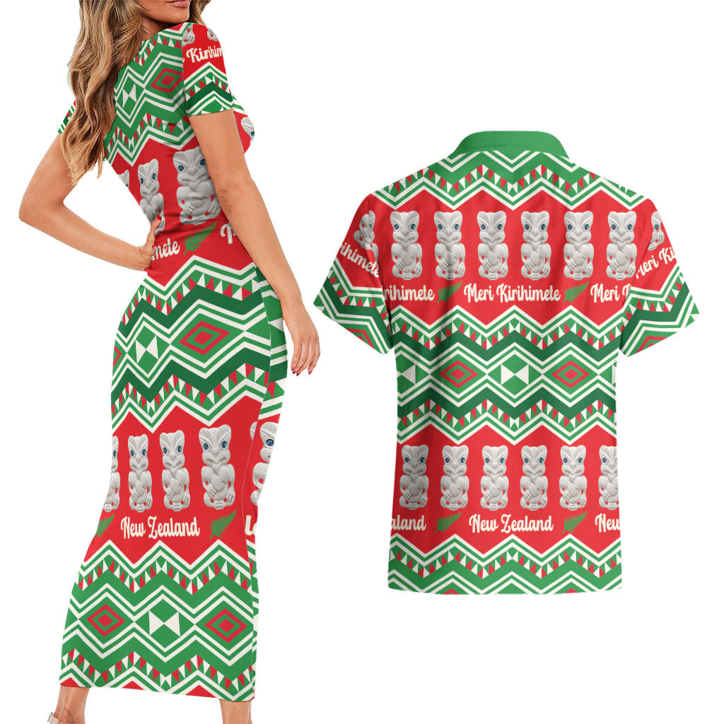 New Zealand Christmas In July Couples Matching Short Sleeve Bodycon Dress and Hawaiian Shirt Meri Kirihimete Hei Tiki Taniko Motifs Seamless LT14 - Polynesian Pride