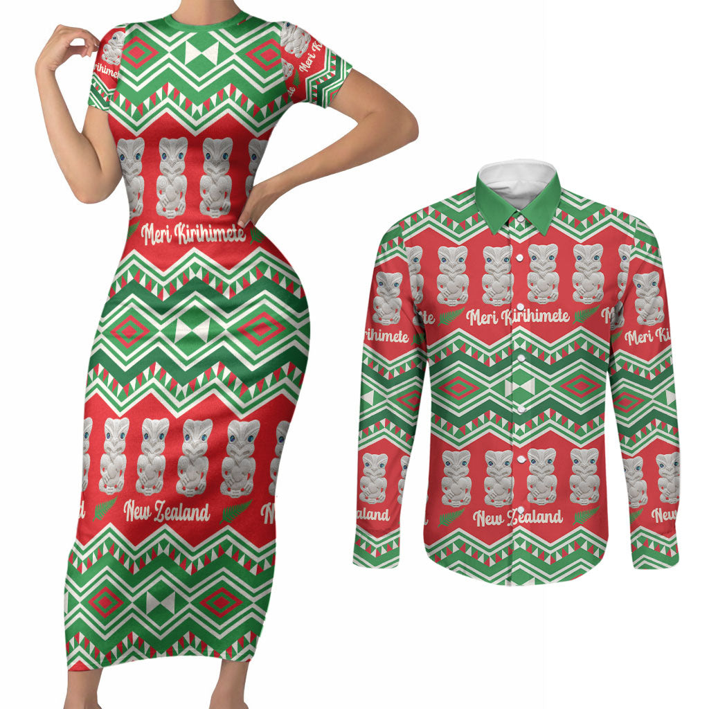 New Zealand Christmas In July Couples Matching Short Sleeve Bodycon Dress and Long Sleeve Button Shirt Meri Kirihimete Hei Tiki Taniko Motifs Seamless LT14 Red - Polynesian Pride