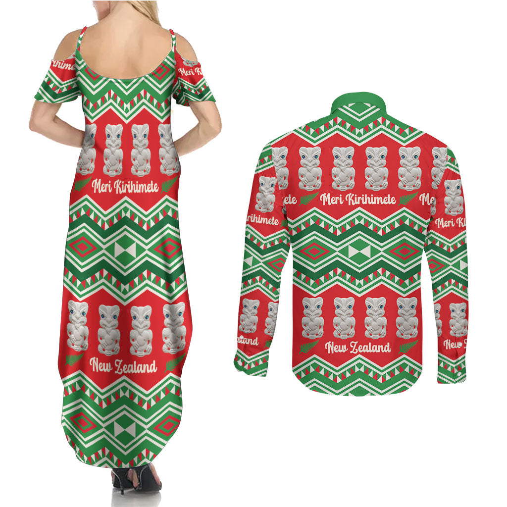 New Zealand Christmas In July Couples Matching Summer Maxi Dress and Long Sleeve Button Shirt Meri Kirihimete Hei Tiki Taniko Motifs Seamless LT14 - Polynesian Pride