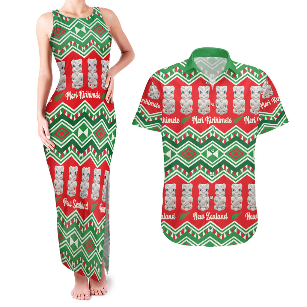 New Zealand Christmas In July Couples Matching Tank Maxi Dress and Hawaiian Shirt Meri Kirihimete Hei Tiki Taniko Motifs Seamless LT14 Red - Polynesian Pride