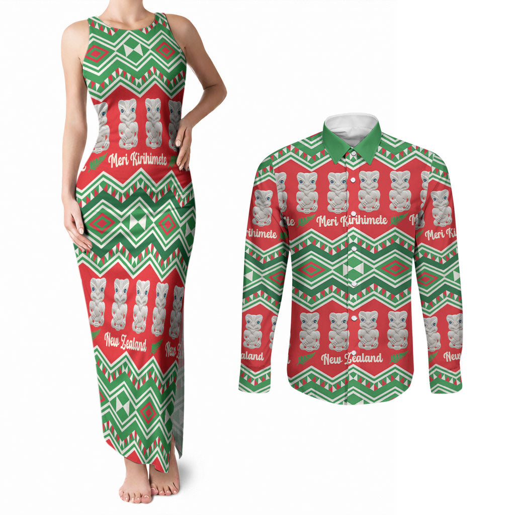 New Zealand Christmas In July Couples Matching Tank Maxi Dress and Long Sleeve Button Shirt Meri Kirihimete Hei Tiki Taniko Motifs Seamless LT14 Red - Polynesian Pride