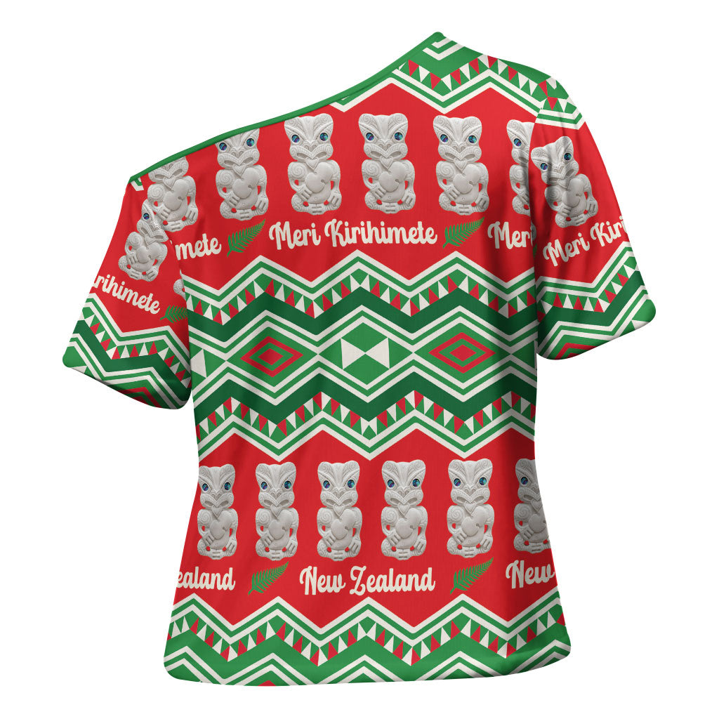 New Zealand Christmas In July Cross Shoulder Shirt Meri Kirihimete Hei Tiki Taniko Motifs Seamless LT14 - Polynesian Pride