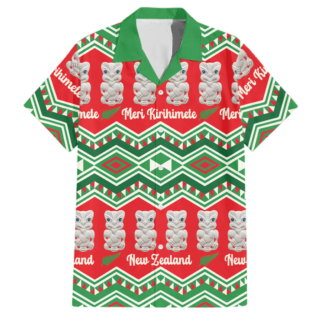 New Zealand Christmas In July Family Matching Mermaid Dress and Hawaiian Shirt Meri Kirihimete Hei Tiki Taniko Motifs Seamless LT14 Dad's Shirt - Short Sleeve Red - Polynesian Pride