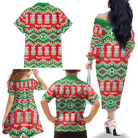 New Zealand Christmas In July Family Matching Off The Shoulder Long Sleeve Dress and Hawaiian Shirt Meri Kirihimete Hei Tiki Taniko Motifs Seamless LT14 - Polynesian Pride