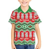 New Zealand Christmas In July Family Matching Off Shoulder Maxi Dress and Hawaiian Shirt Meri Kirihimete Hei Tiki Taniko Motifs Seamless LT14 Son's Shirt Red - Polynesian Pride