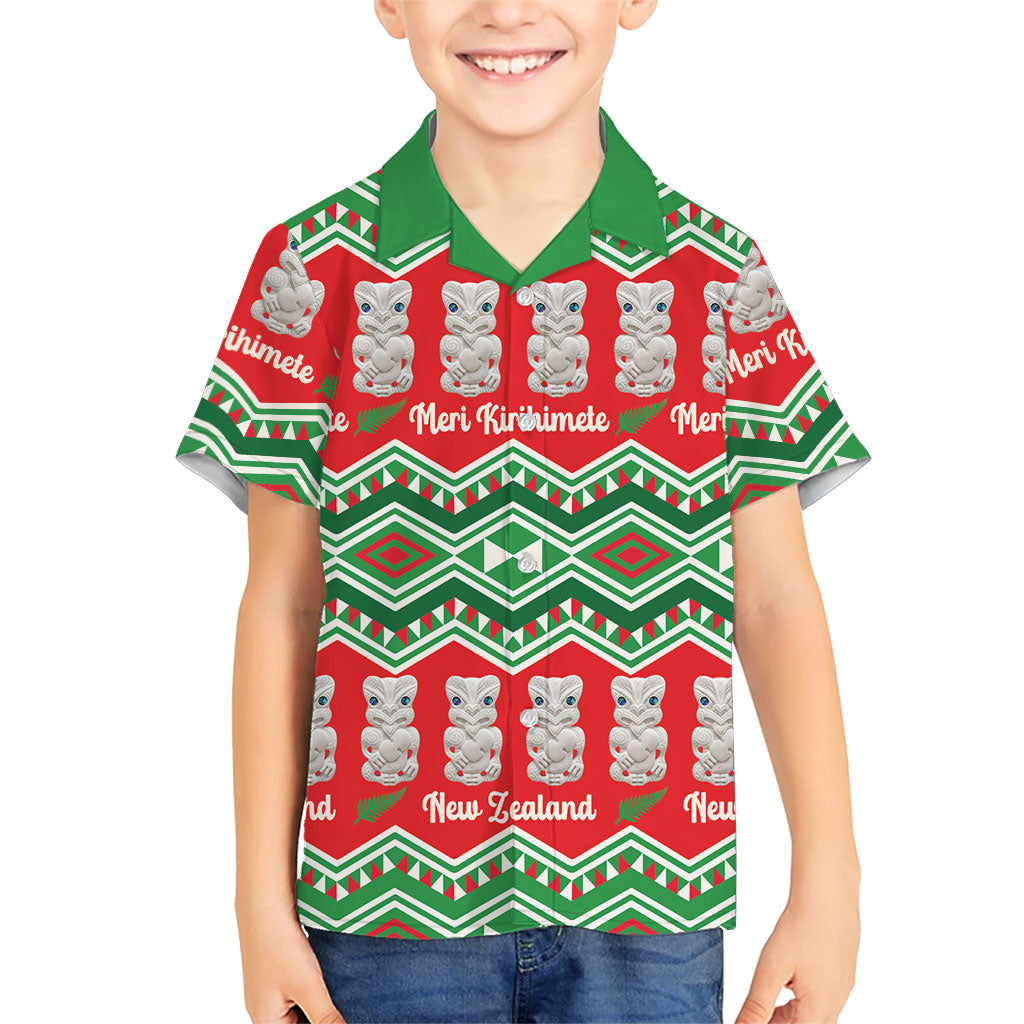 New Zealand Christmas In July Family Matching Off Shoulder Short Dress and Hawaiian Shirt Meri Kirihimete Hei Tiki Taniko Motifs Seamless LT14 Son's Shirt Red - Polynesian Pride
