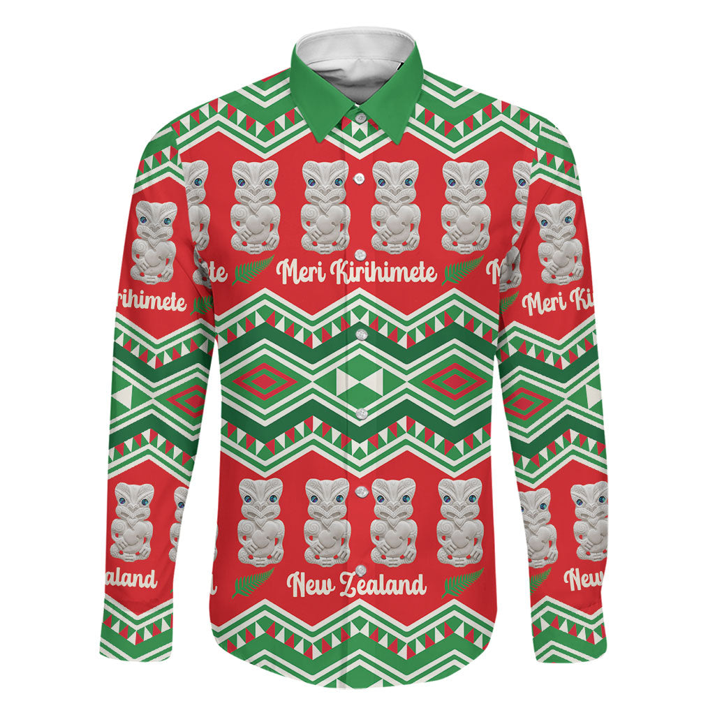 New Zealand Christmas In July Family Matching Puletasi and Hawaiian Shirt Meri Kirihimete Hei Tiki Taniko Motifs Seamless LT14 Dad's Shirt - Long Sleeve Red - Polynesian Pride