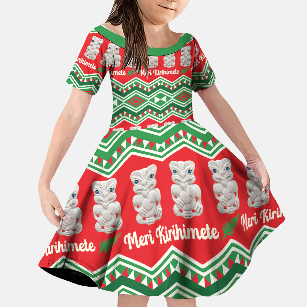 New Zealand Christmas In July Family Matching Summer Maxi Dress and Hawaiian Shirt Meri Kirihimete Hei Tiki Taniko Motifs Seamless LT14 Daughter's Dress Red - Polynesian Pride