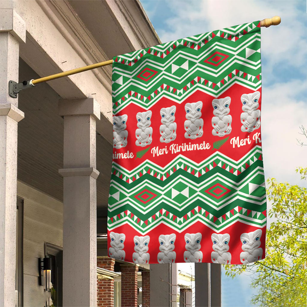New Zealand Christmas In July Garden Flag Meri Kirihimete Hei Tiki Taniko Motifs Seamless LT14 House Flag Red - Polynesian Pride