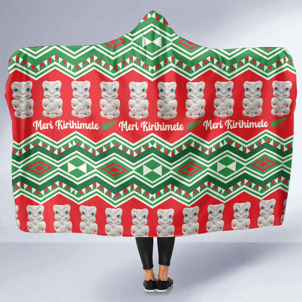 New Zealand Christmas In July Hooded Blanket Meri Kirihimete Hei Tiki Taniko Motifs Seamless LT14 One Size Red - Polynesian Pride