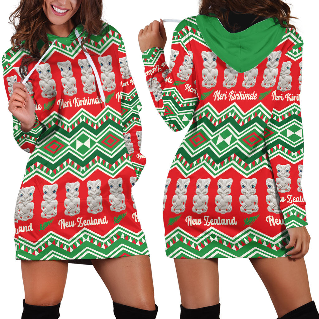 New Zealand Christmas In July Hoodie Dress Meri Kirihimete Hei Tiki Taniko Motifs Seamless LT14 - Polynesian Pride