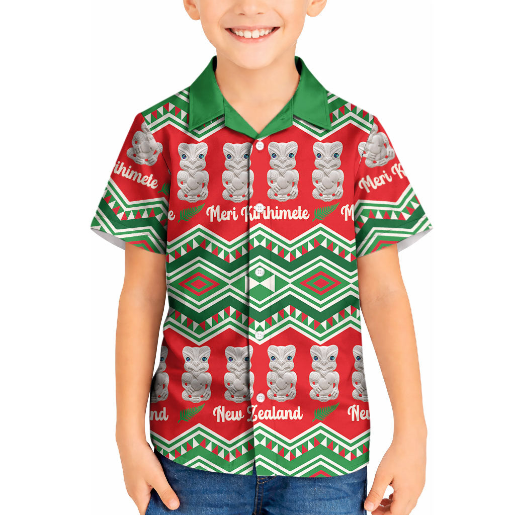 New Zealand Christmas In July Kid Hawaiian Shirt Meri Kirihimete Hei Tiki Taniko Motifs Seamless LT14 Kid Red - Polynesian Pride