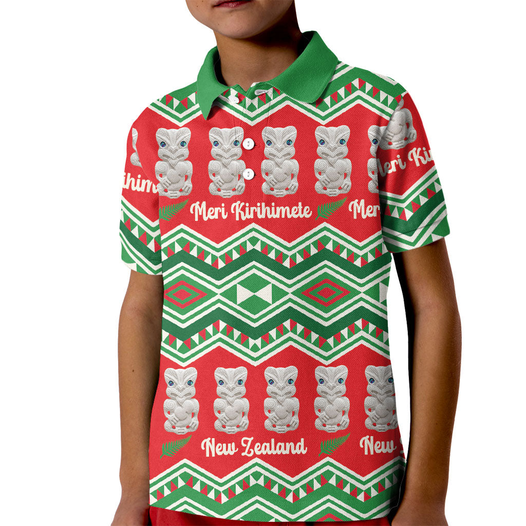 New Zealand Christmas In July Kid Polo Shirt Meri Kirihimete Hei Tiki Taniko Motifs Seamless LT14 Kid Red - Polynesian Pride