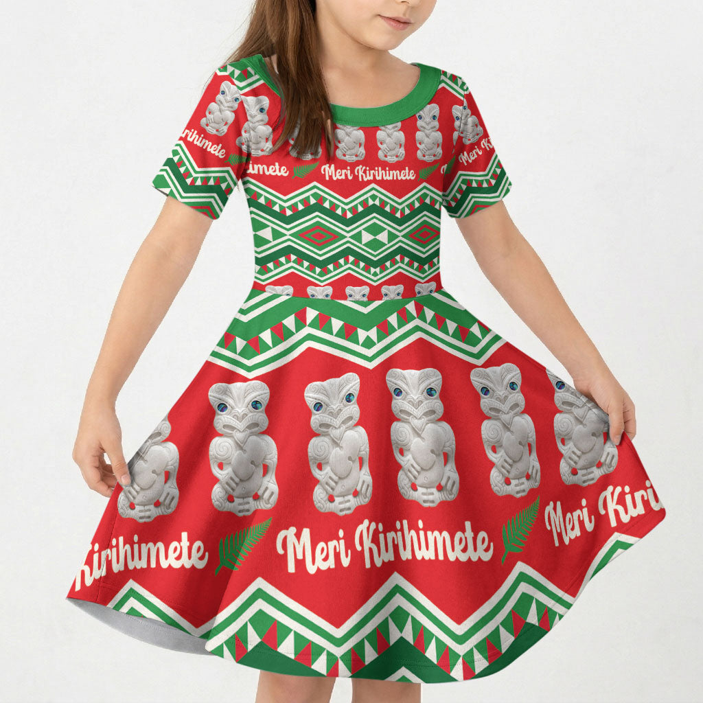 New Zealand Christmas In July Kid Short Sleeve Dress Meri Kirihimete Hei Tiki Taniko Motifs Seamless LT14 KID Red - Polynesian Pride