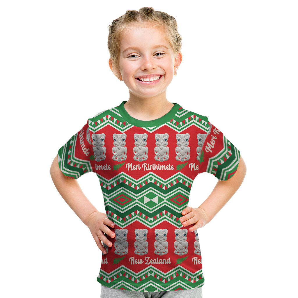 New Zealand Christmas In July Kid T Shirt Meri Kirihimete Hei Tiki Taniko Motifs Seamless LT14 Red - Polynesian Pride