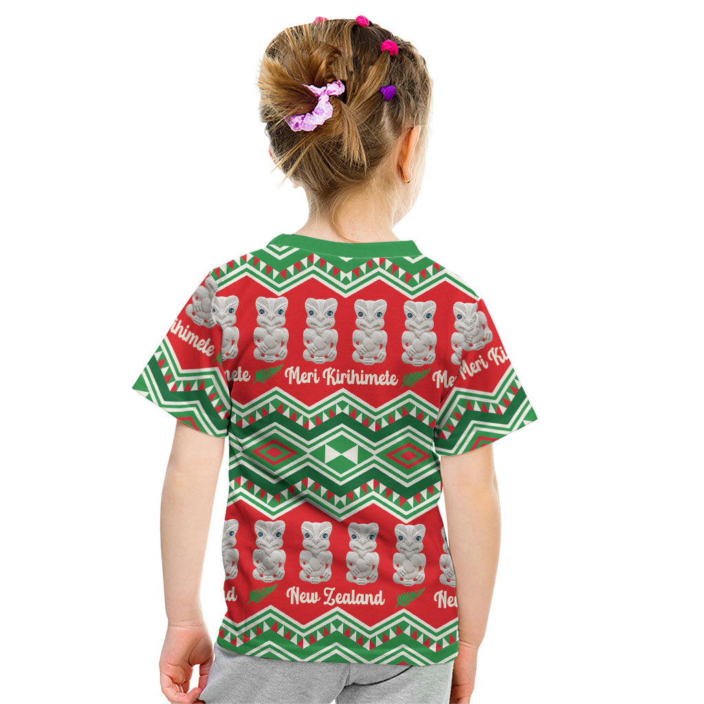 New Zealand Christmas In July Kid T Shirt Meri Kirihimete Hei Tiki Taniko Motifs Seamless LT14 - Polynesian Pride