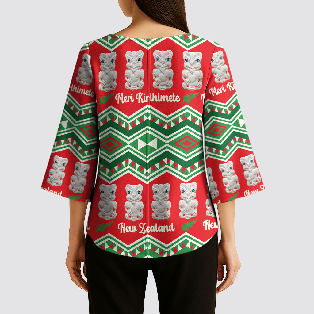 New Zealand Christmas In July Kimono Sleeve Blouse Meri Kirihimete Hei Tiki Taniko Motifs Seamless LT14 - Polynesian Pride