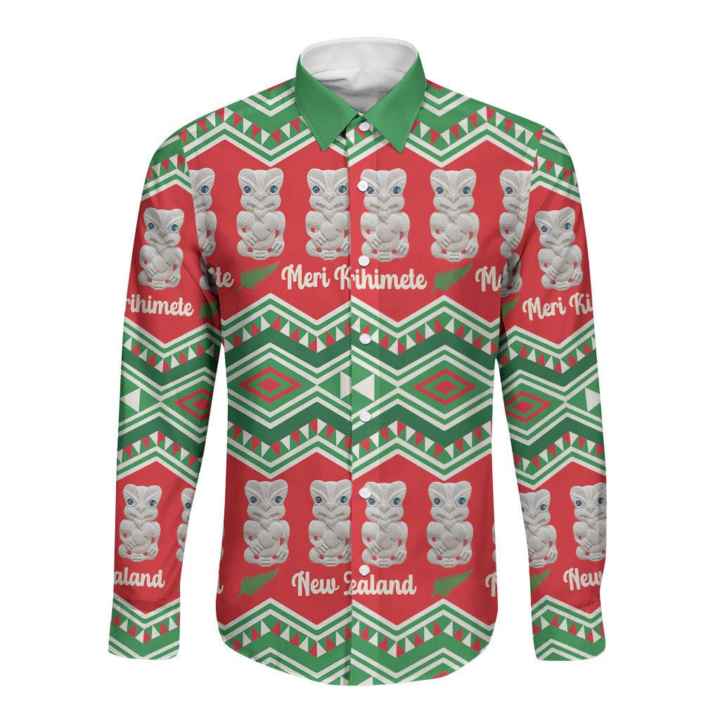 New Zealand Christmas In July Long Sleeve Button Shirt Meri Kirihimete Hei Tiki Taniko Motifs Seamless LT14 Unisex Red - Polynesian Pride