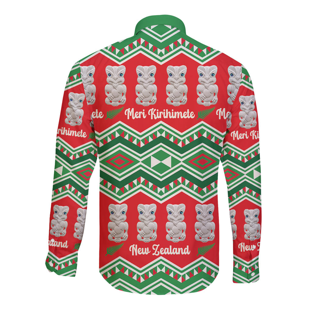 New Zealand Christmas In July Long Sleeve Button Shirt Meri Kirihimete Hei Tiki Taniko Motifs Seamless LT14 - Polynesian Pride