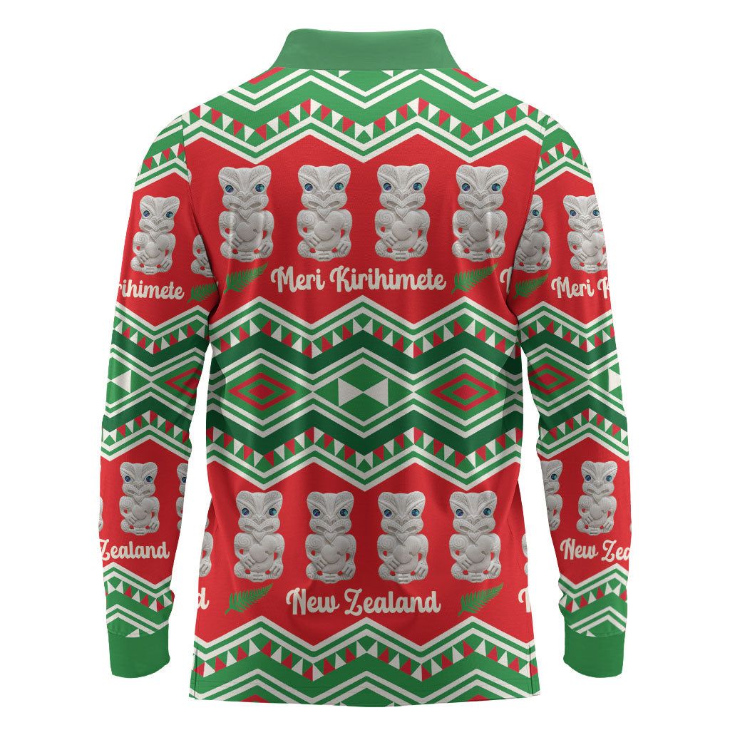 New Zealand Christmas In July Long Sleeve Polo Shirt Meri Kirihimete Hei Tiki Taniko Motifs Seamless LT14 - Polynesian Pride