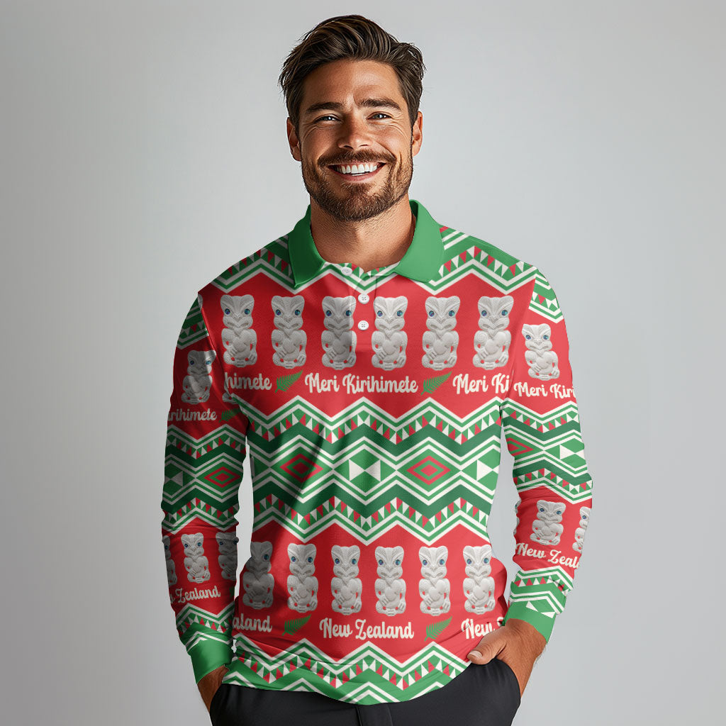 New Zealand Christmas In July Long Sleeve Polo Shirt Meri Kirihimete Hei Tiki Taniko Motifs Seamless LT14 - Polynesian Pride