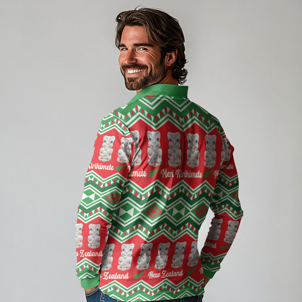 New Zealand Christmas In July Long Sleeve Polo Shirt Meri Kirihimete Hei Tiki Taniko Motifs Seamless LT14 - Polynesian Pride