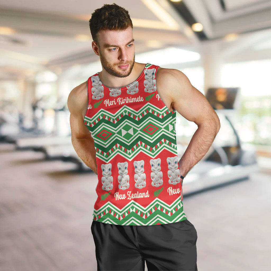 New Zealand Christmas In July Men Tank Top Meri Kirihimete Hei Tiki Taniko Motifs Seamless LT14 Red - Polynesian Pride