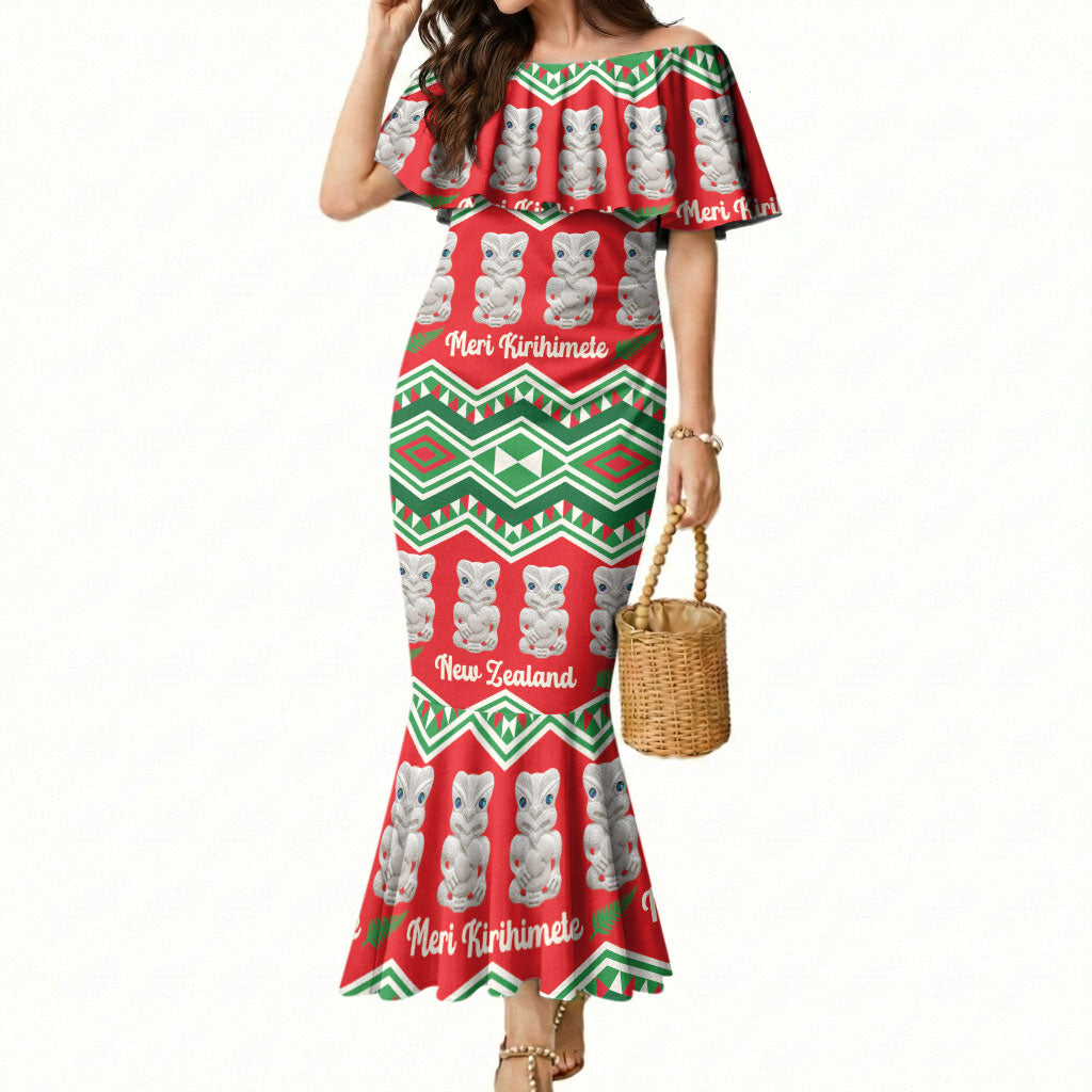 New Zealand Christmas In July Mermaid Dress Meri Kirihimete Hei Tiki Taniko Motifs Seamless LT14 Women Red - Polynesian Pride