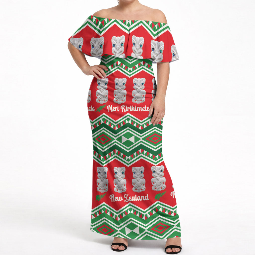 New Zealand Christmas In July Off Shoulder Maxi Dress Meri Kirihimete Hei Tiki Taniko Motifs Seamless LT14 Women Red - Polynesian Pride