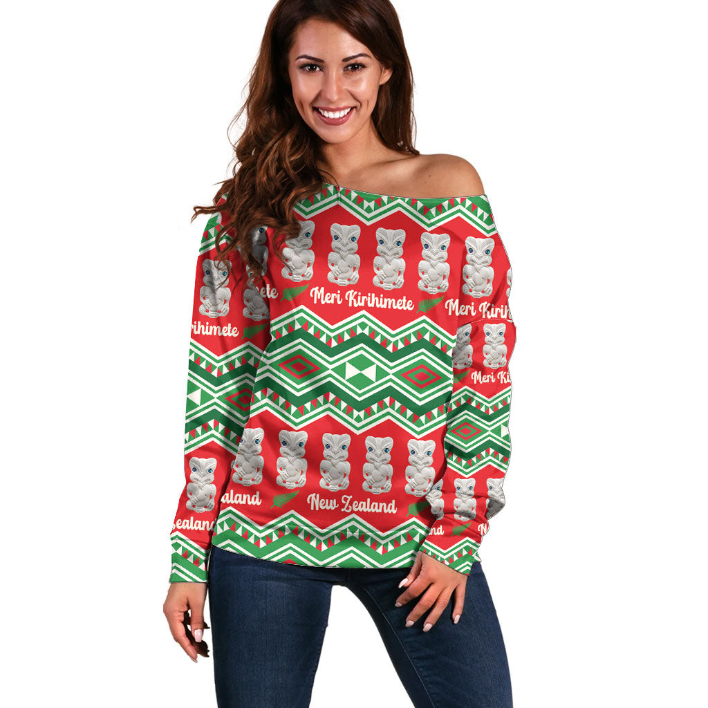 New Zealand Christmas In July Off Shoulder Sweater Meri Kirihimete Hei Tiki Taniko Motifs Seamless LT14 Women Red - Polynesian Pride