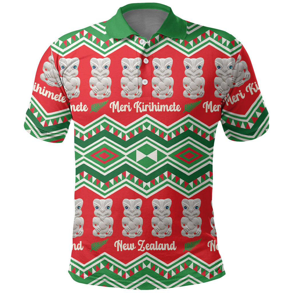 New Zealand Christmas In July Polo Shirt Meri Kirihimete Hei Tiki Taniko Motifs Seamless LT14 Red - Polynesian Pride