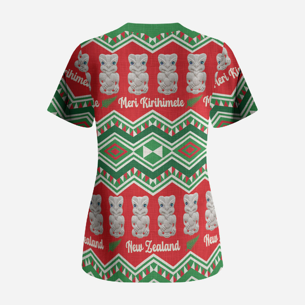 New Zealand Christmas In July Scrub Top Meri Kirihimete Hei Tiki Taniko Motifs Seamless LT14 - Polynesian Pride