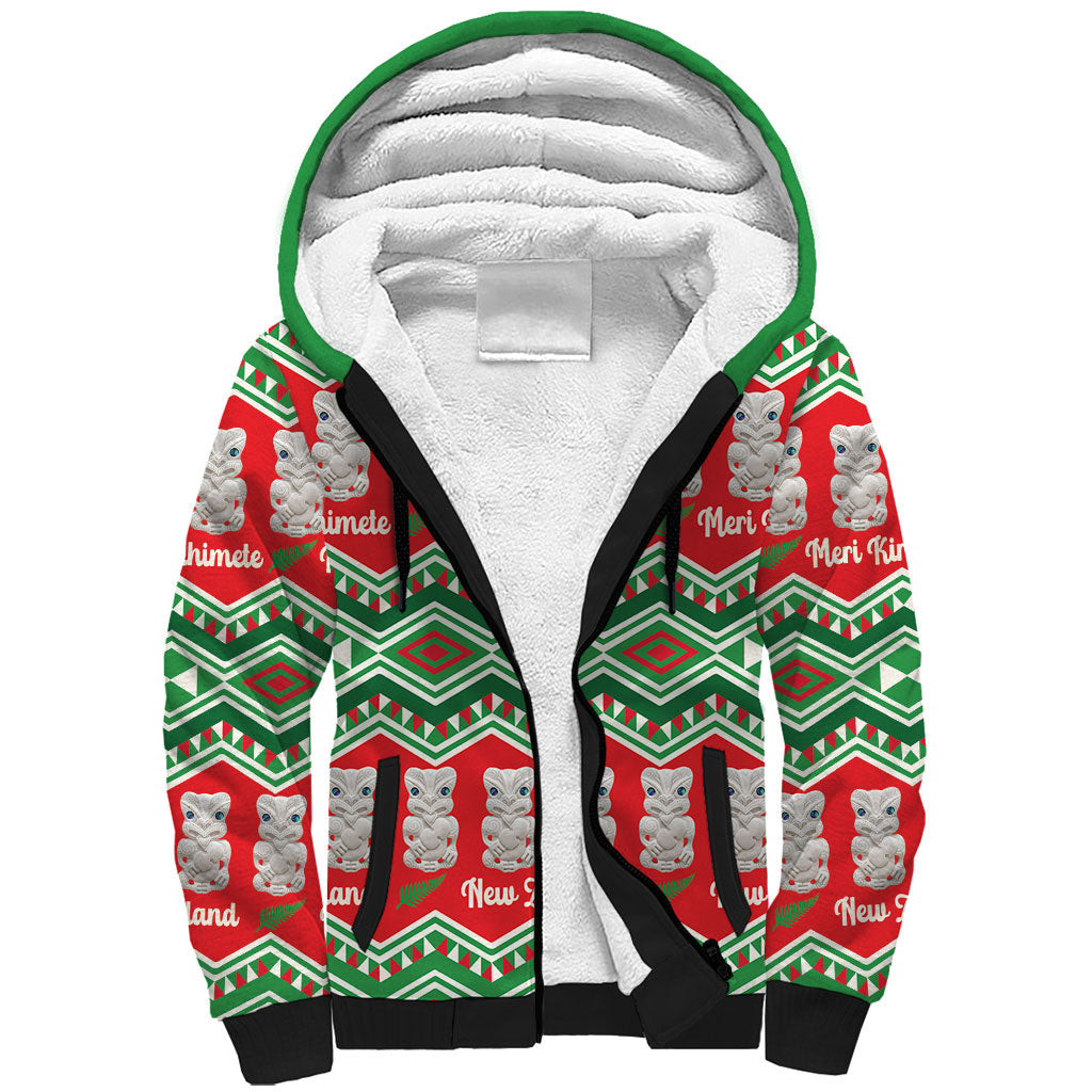 New Zealand Christmas In July Sherpa Hoodie Meri Kirihimete Hei Tiki Taniko Motifs Seamless LT14 Unisex Red - Polynesian Pride