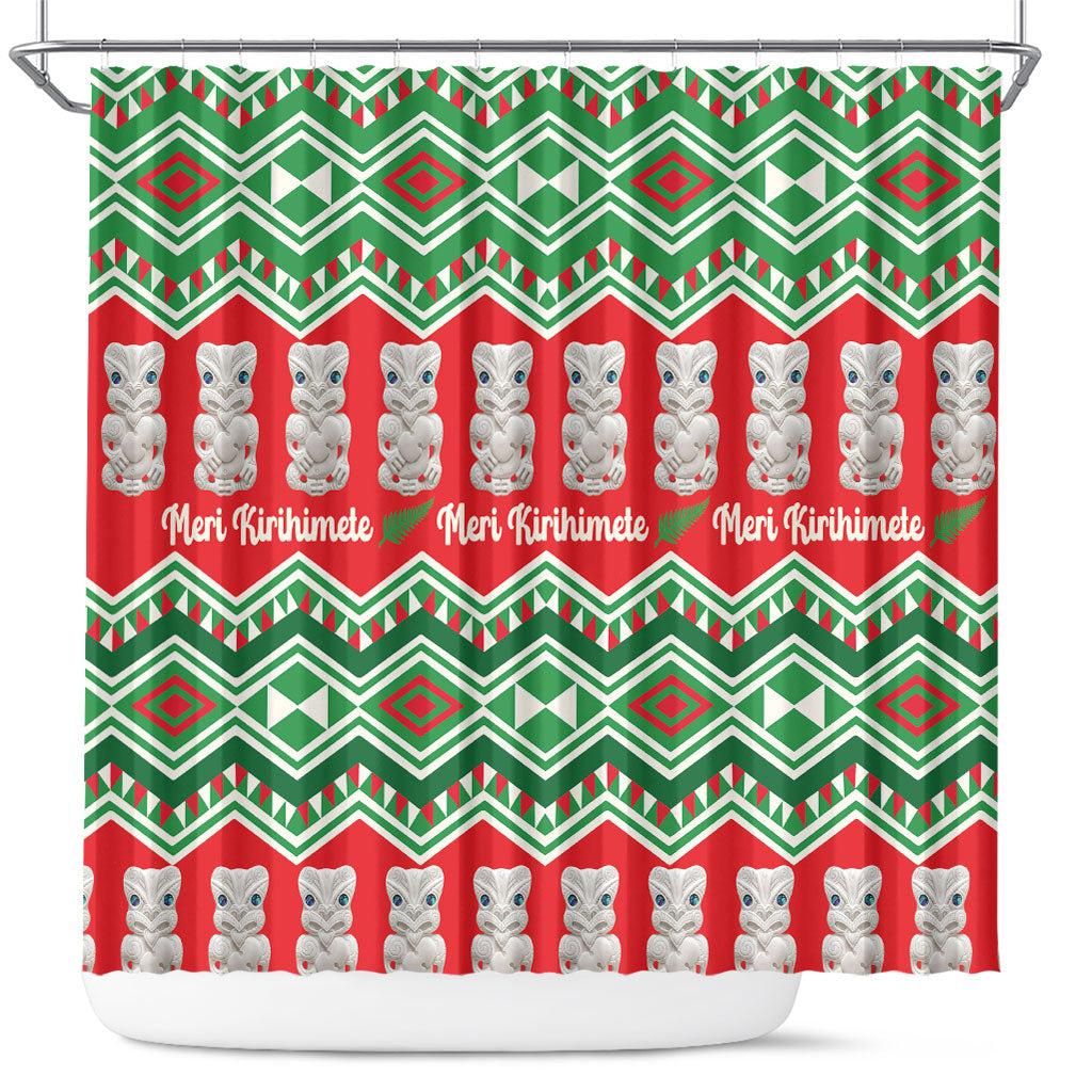New Zealand Christmas In July Shower Curtain Meri Kirihimete Hei Tiki Taniko Motifs Seamless LT14 Red - Polynesian Pride