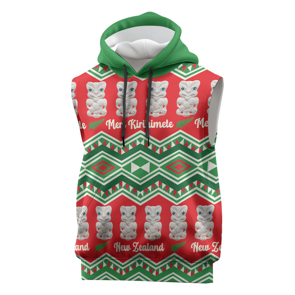 New Zealand Christmas In July Sleeveless Hoodie Meri Kirihimete Hei Tiki Taniko Motifs Seamless LT14 Red - Polynesian Pride