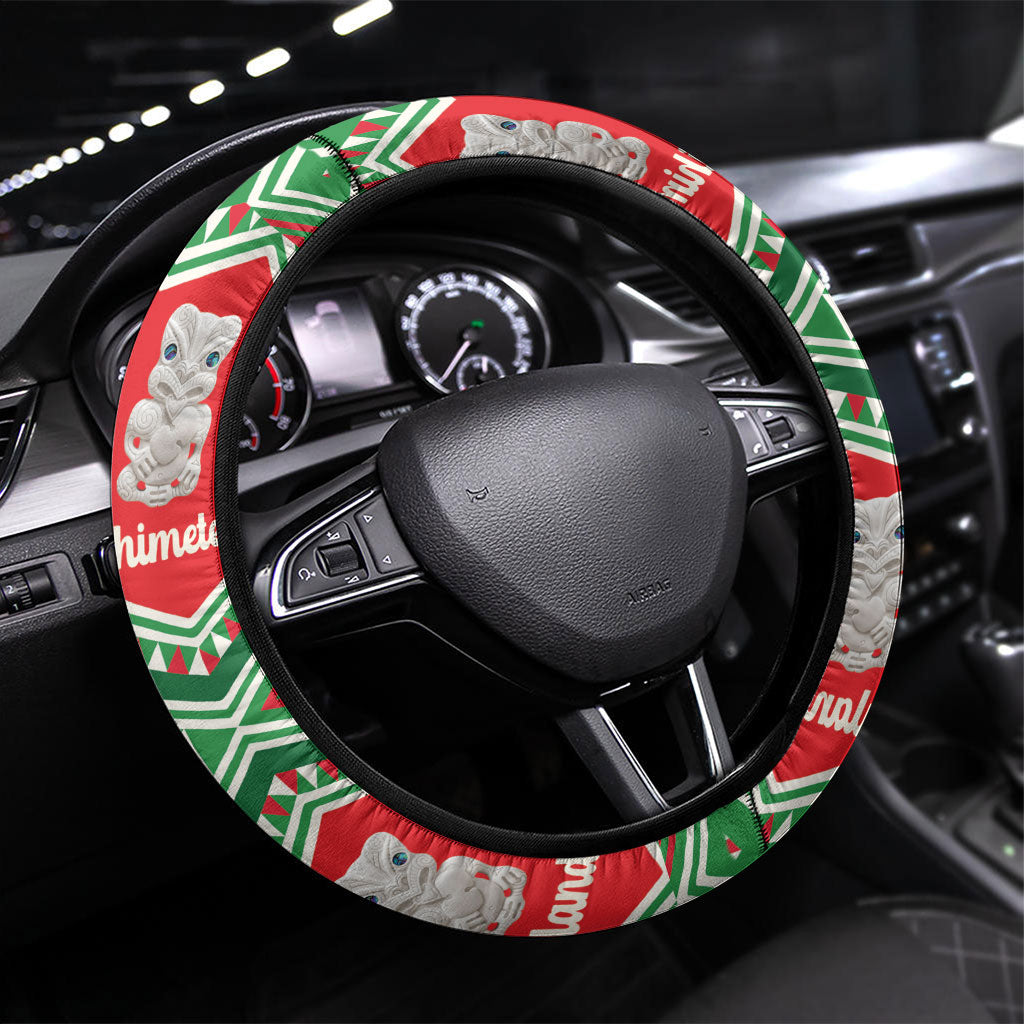 New Zealand Christmas In July Steering Wheel Cover Meri Kirihimete Hei Tiki Taniko Motifs Seamless