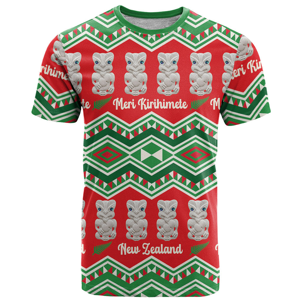 New Zealand Christmas In July T Shirt Meri Kirihimete Hei Tiki Taniko Motifs Seamless LT14 Red - Polynesian Pride