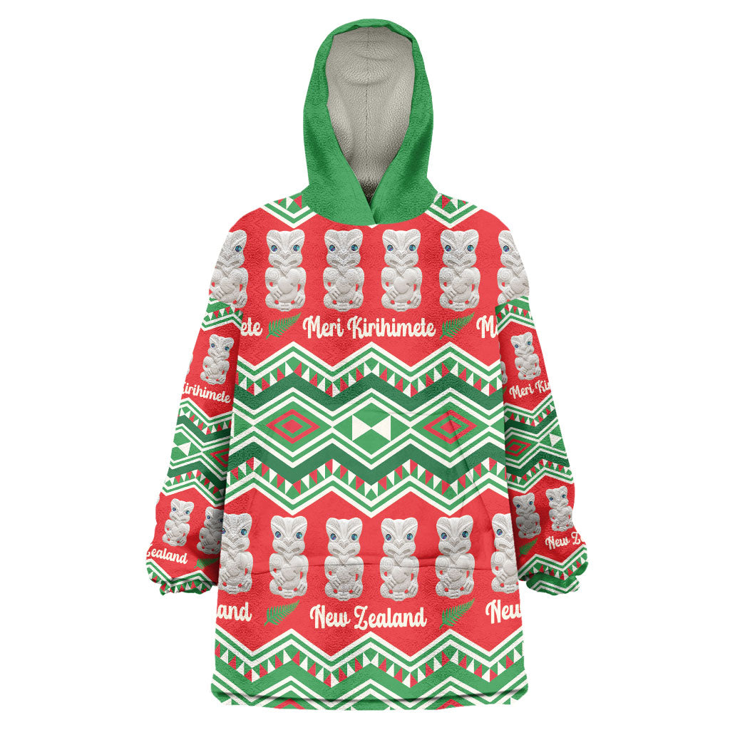 New Zealand Christmas In July Wearable Blanket Hoodie Meri Kirihimete Hei Tiki Taniko Motifs Seamless LT14 One Size Red - Polynesian Pride