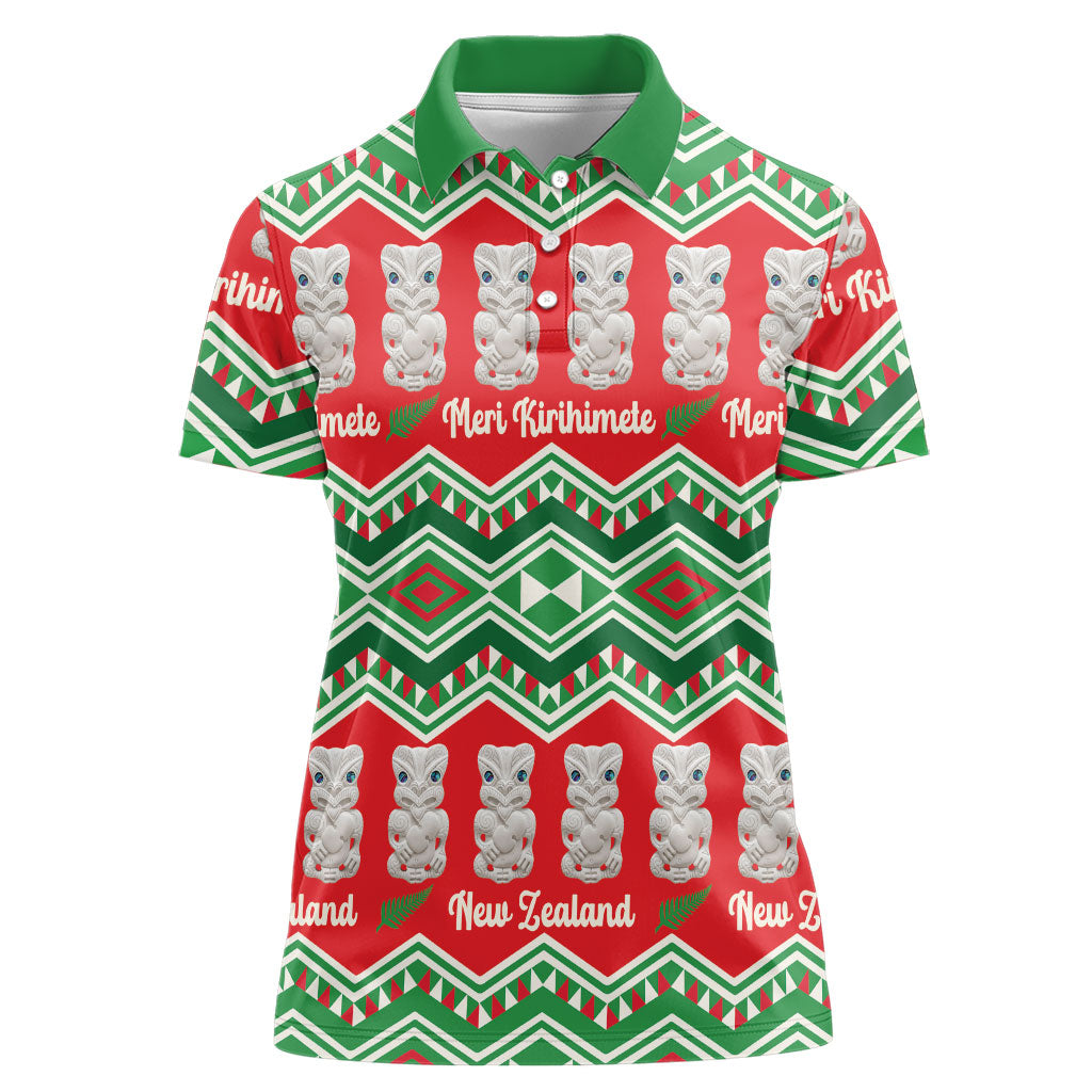 New Zealand Christmas In July Women Polo Shirt Meri Kirihimete Hei Tiki Taniko Motifs Seamless LT14 Female Red - Polynesian Pride