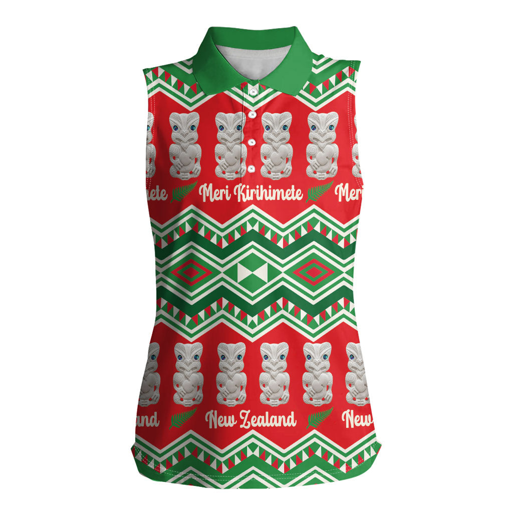 New Zealand Christmas In July Women Sleeveless Polo Shirt Meri Kirihimete Hei Tiki Taniko Motifs Seamless LT14 Female Red - Polynesian Pride