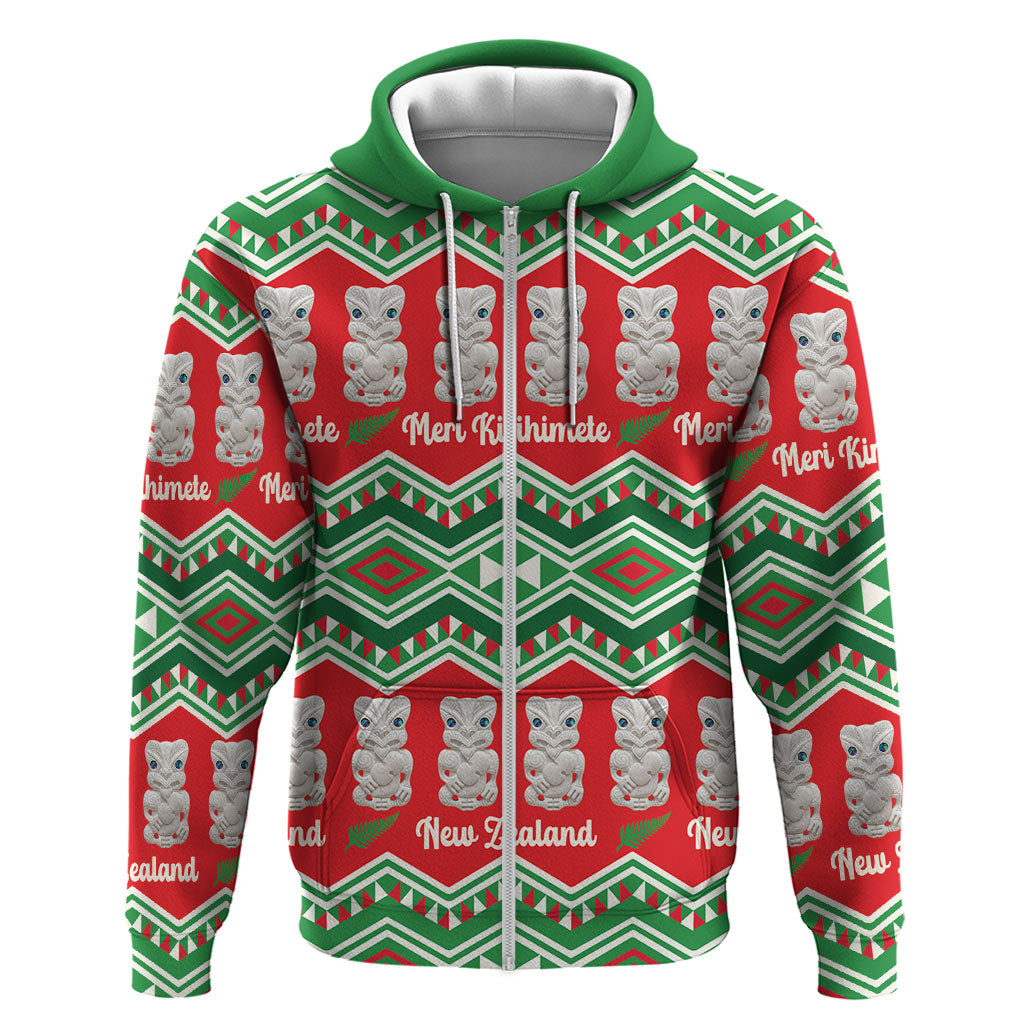 New Zealand Christmas In July Zip Hoodie Meri Kirihimete Hei Tiki Taniko Motifs Seamless LT14 Zip Hoodie Red - Polynesian Pride