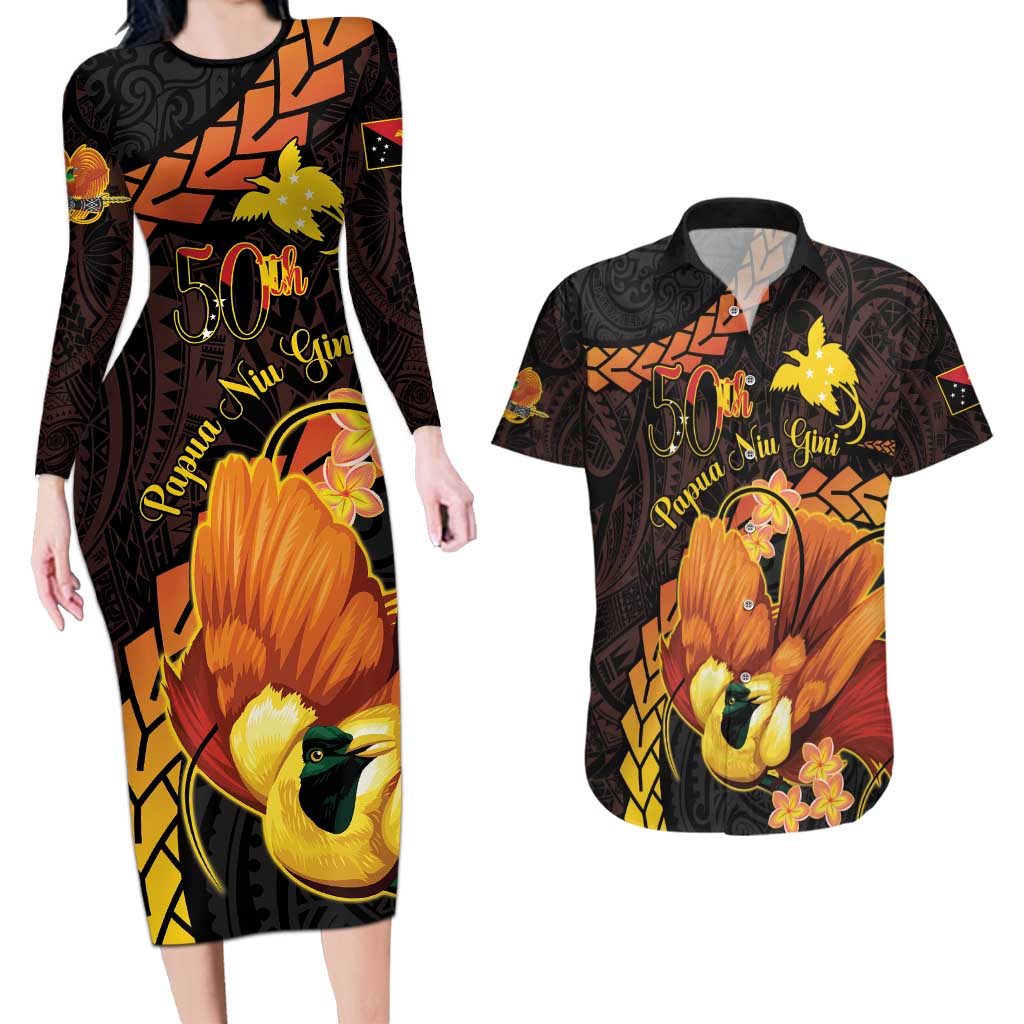 Papua New Guinea Independence Day Couples Matching Long Sleeve Bodycon Dress and Hawaiian Shirt 50th Anniversary Papua Niu Gini Bird Of Paradise LT14 Black - Polynesian Pride