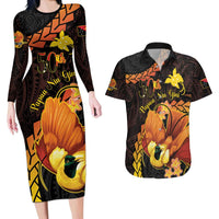 Papua New Guinea Independence Day Couples Matching Long Sleeve Bodycon Dress and Hawaiian Shirt 50th Anniversary Papua Niu Gini Bird Of Paradise LT14 Black - Polynesian Pride
