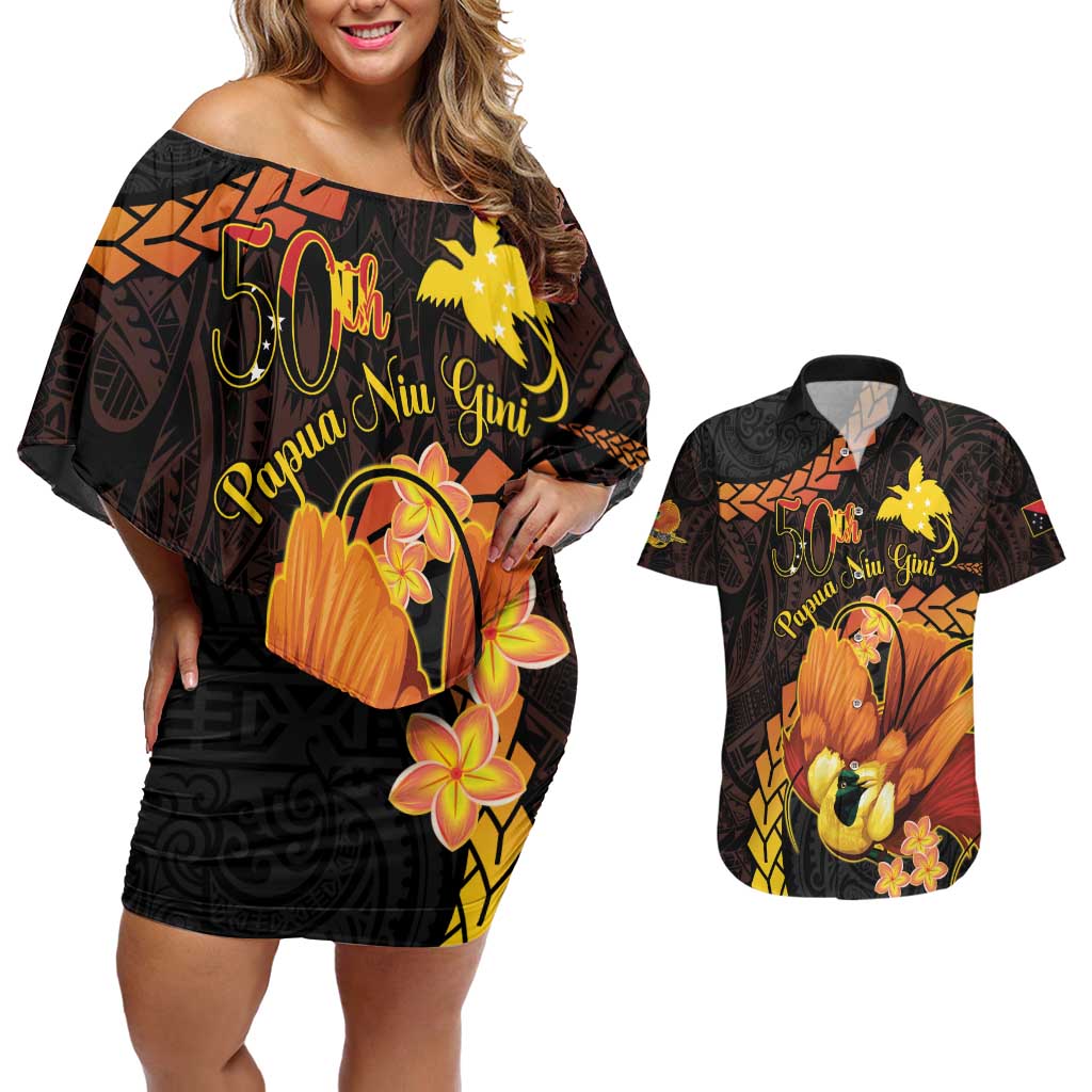 Papua New Guinea Independence Day Couples Matching Off Shoulder Short Dress and Hawaiian Shirt 50th Anniversary Papua Niu Gini Bird Of Paradise LT14 Black - Polynesian Pride