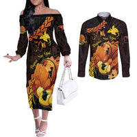 Papua New Guinea Independence Day Couples Matching Off The Shoulder Long Sleeve Dress and Long Sleeve Button Shirt 50th Anniversary Papua Niu Gini Bird Of Paradise LT14 Black - Polynesian Pride