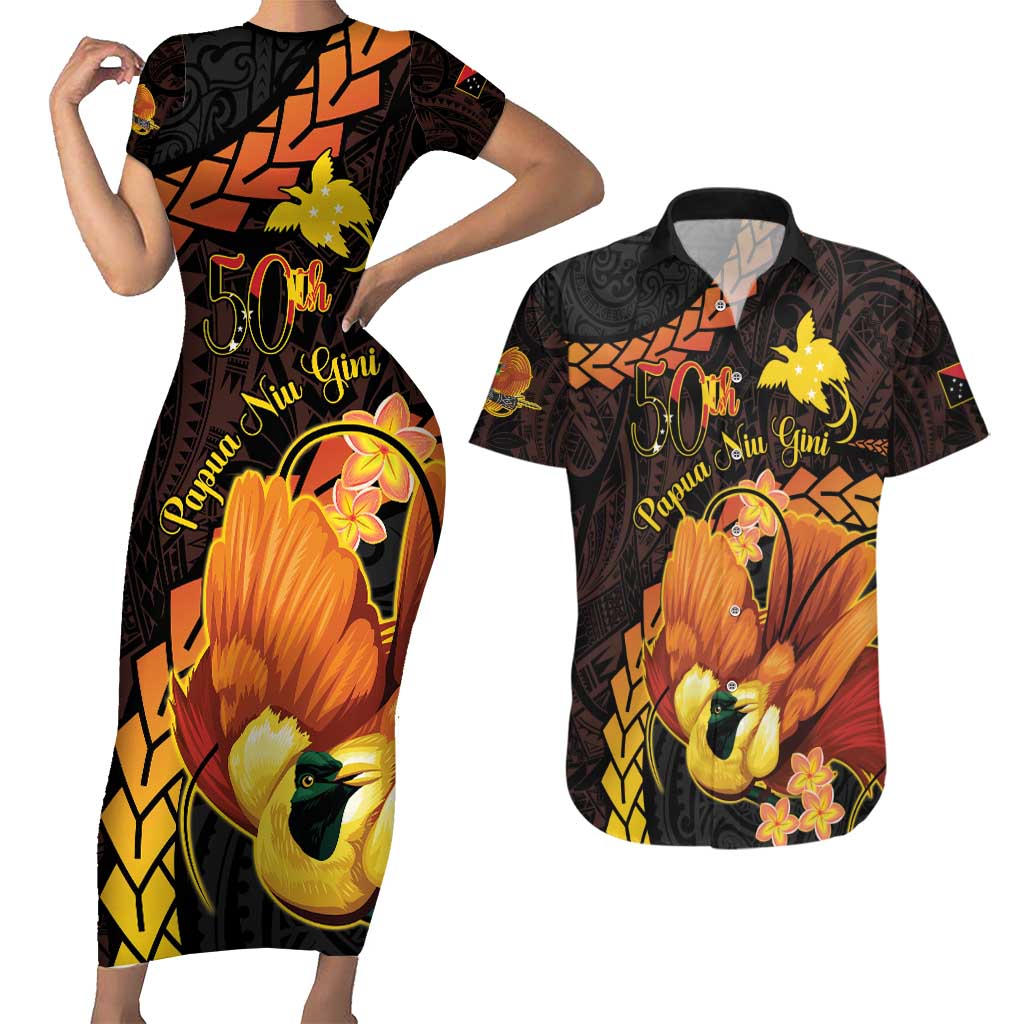 Papua New Guinea Independence Day Couples Matching Short Sleeve Bodycon Dress and Hawaiian Shirt 50th Anniversary Papua Niu Gini Bird Of Paradise LT14 Black - Polynesian Pride