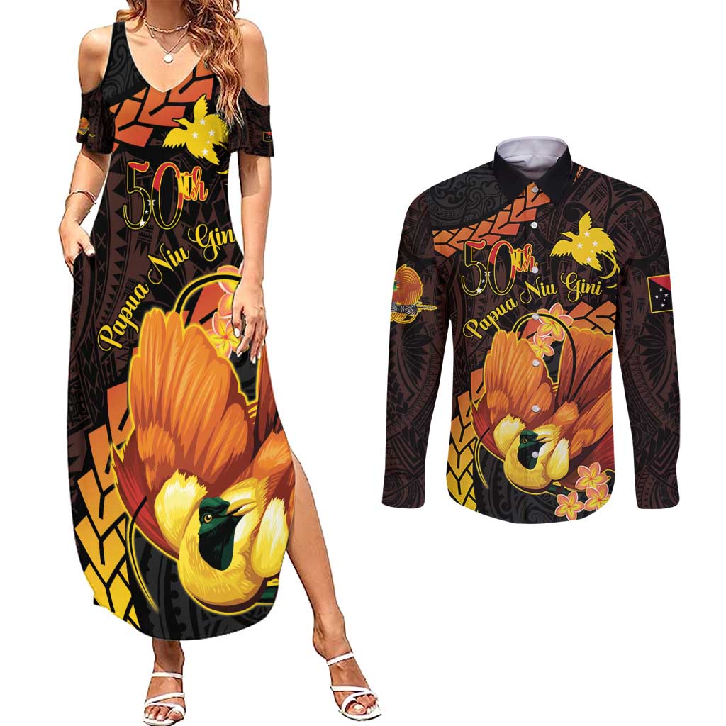 Papua New Guinea Independence Day Couples Matching Summer Maxi Dress and Long Sleeve Button Shirt 50th Anniversary Papua Niu Gini Bird Of Paradise LT14 Black - Polynesian Pride