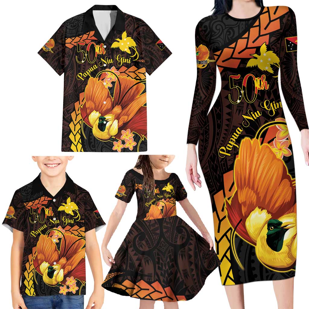 Papua New Guinea Independence Day Family Matching Long Sleeve Bodycon Dress and Hawaiian Shirt 50th Anniversary Papua Niu Gini Bird Of Paradise LT14