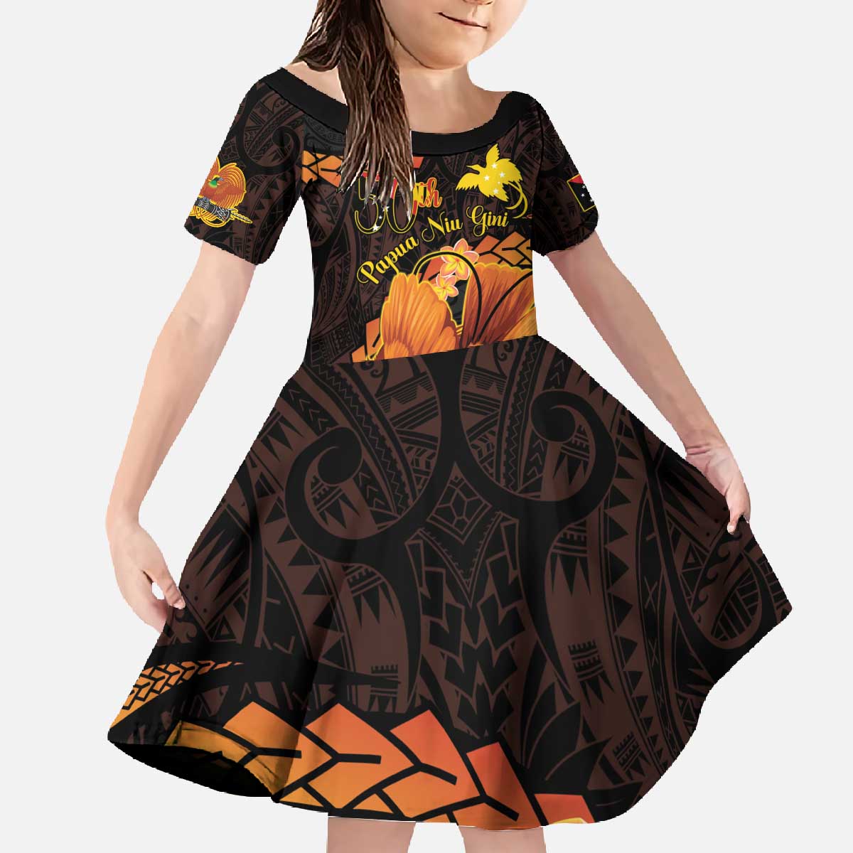 Papua New Guinea Independence Day Family Matching Off The Shoulder Long Sleeve Dress and Hawaiian Shirt 50th Anniversary Papua Niu Gini Bird Of Paradise LT14 Daughter's Dress Black - Polynesian Pride