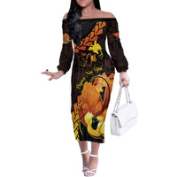 Papua New Guinea Independence Day Family Matching Off The Shoulder Long Sleeve Dress and Hawaiian Shirt 50th Anniversary Papua Niu Gini Bird Of Paradise LT14 Mom's Dress Black - Polynesian Pride
